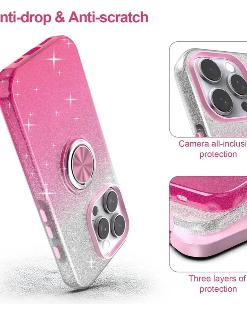 Luxury Glitter Case for iPhone 16 Pro Max Ring Holder Magnet Pink Sparkle Cover